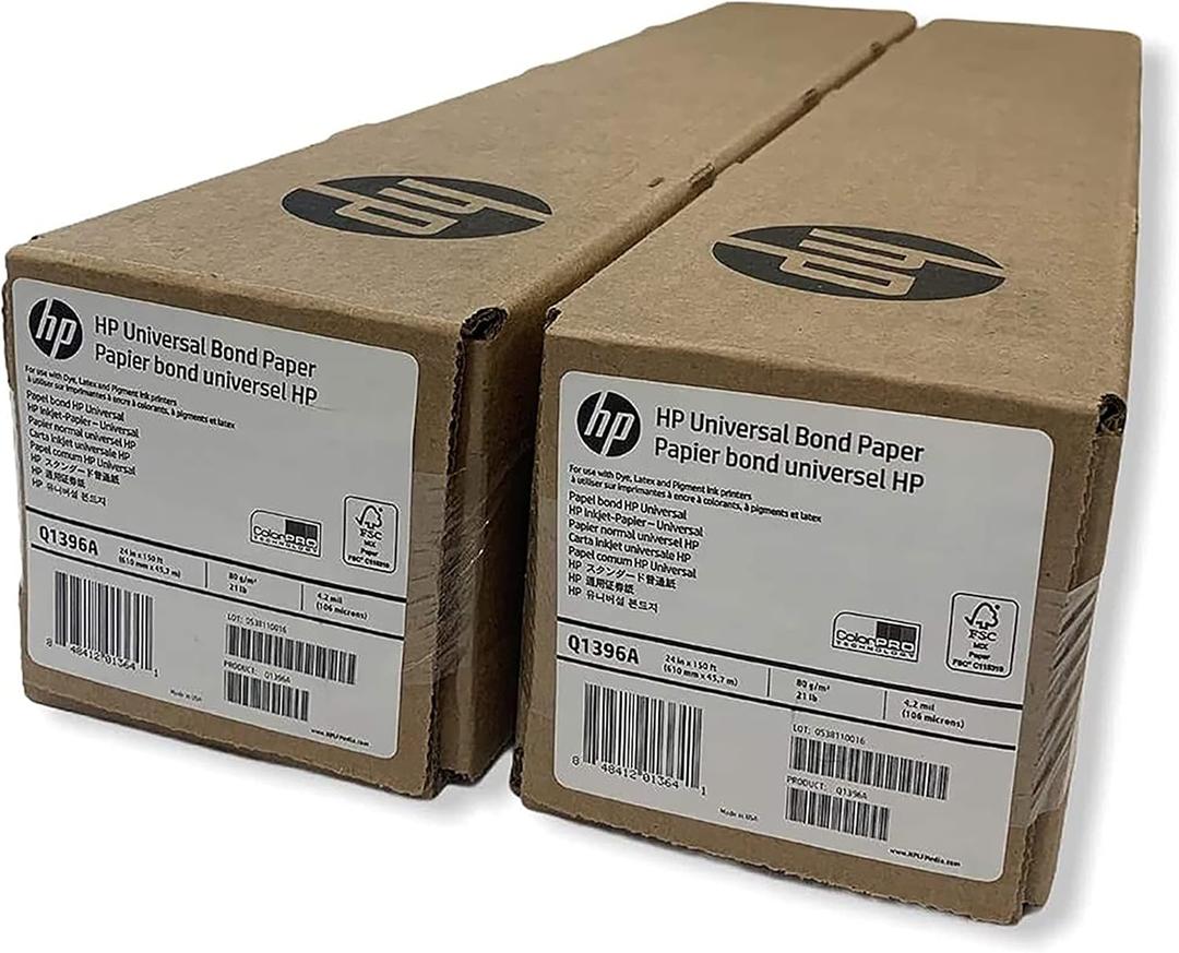 HP Wide Format Universal Bond Paper 24 in x 150 ft, 2 Roll Bundle 4.2 mil - 80 g/m (21 lbs) 2" Core - Q1396A-2R