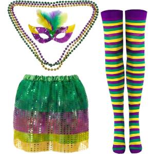 Syhood 6 Pcs Mardi Gras Costume Set, Sequined Tassels Tutu Skirt, Faux Feather Pattern Half Mask, Necklace and Long Socks (Small)
