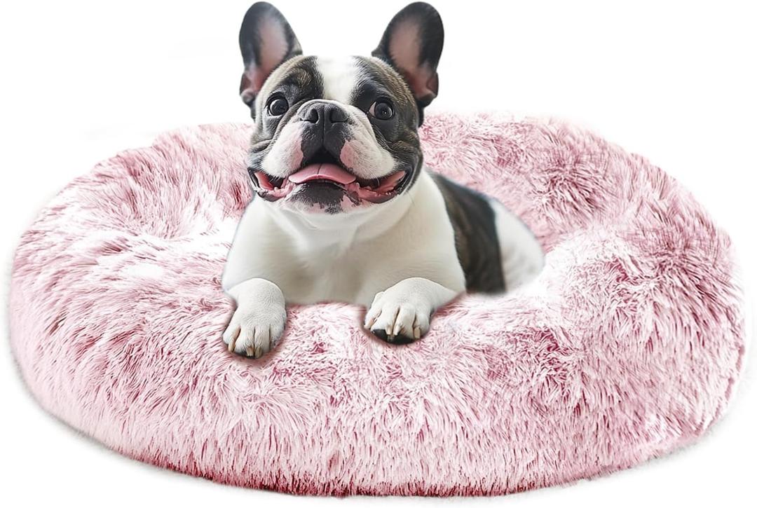 JOLLYVOGUE Calming Dog Bed Medium Size Dog, Anti-Anxiety Donut Medium Pet Bed, 31 inches Fluffy Faux Fur Round Cat Bed, Fits up to 45 lbs Pets (Smoke Pink) (31.0"L x 31.0"W x 8.0"Th)
