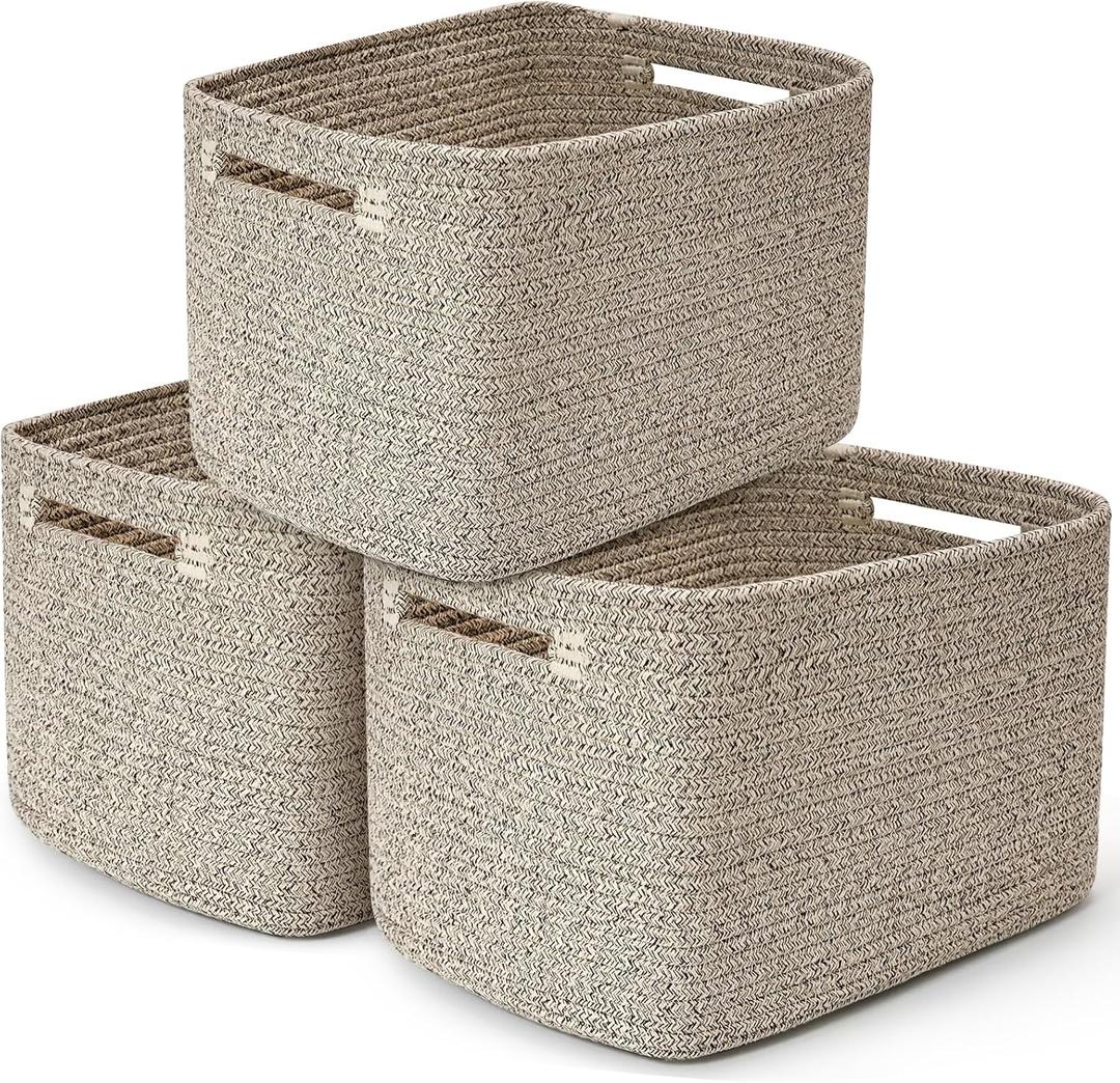 3 Pack Shelf Woven Storage Basket, 15 x 10 x 9 Closet Rope Baskets For Organizing, Square Bins with Handles, Brown