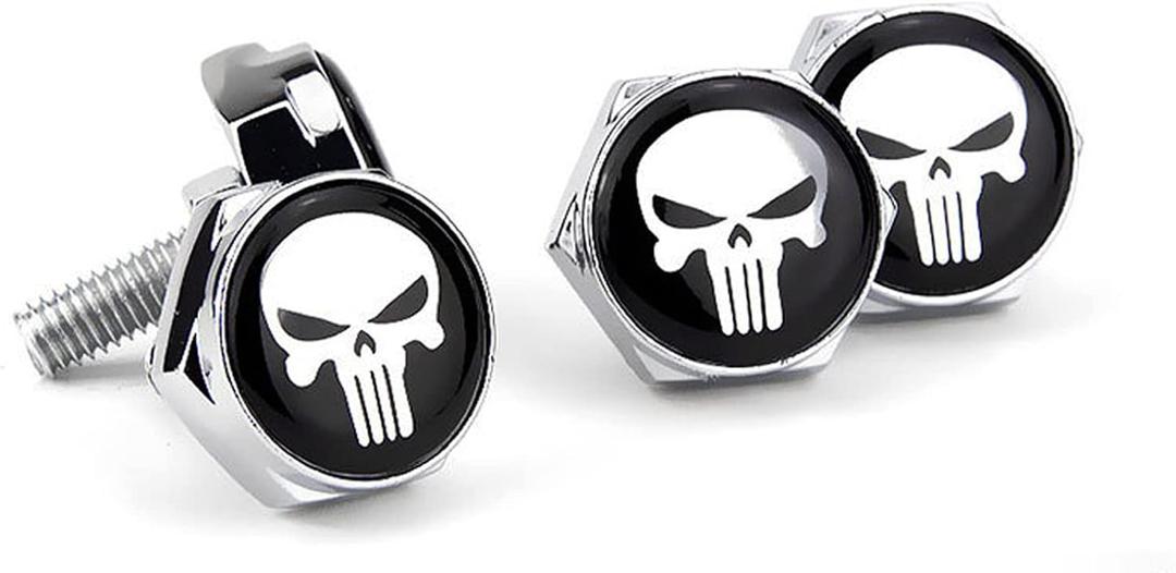 4 PCS License Plate Screw Fasteners, Skull License Plate Screws, License Plate Bolts Decorative Kit, Fit Vehicles Motorcycle Trucks SUV (Silver & White)