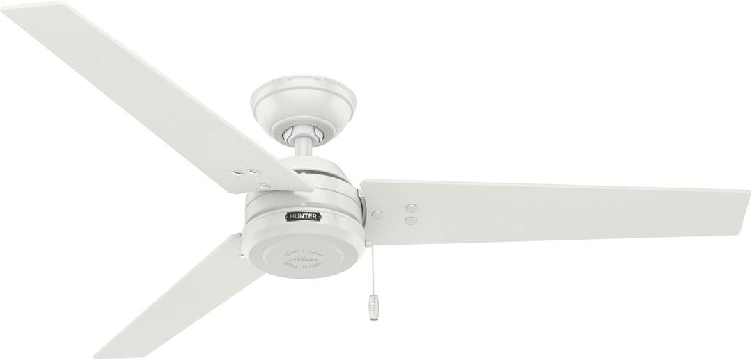 Hunter 52 inch Outdoor or Indoor Ceiling Fan No Light - White Ceiling Fan without Light, For Patio, Porch, Garage, or Living Room, Standard Mount, 3 Blades, Pull Chain - Cassius 59263, Fresh White