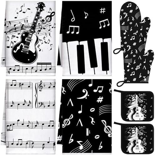 Leinuosen 8 Pcs Music Note Kitchen Decor Accessories Set Farmhouse Towels Oven Mitts Pot Holders Dishcloths Set Kitchen Decorative Absorbent Potholders for Chef Baking Cooking