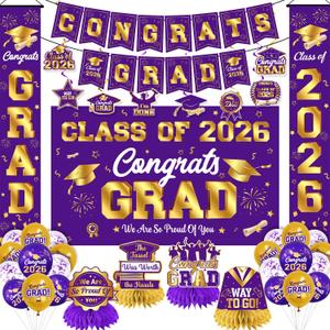 Graduation Decorations 2026 Purple and Gold Graduation Party Decor Set include Congrats Grad Banner Backdrop Class of 2026 Balloons Party Supplies