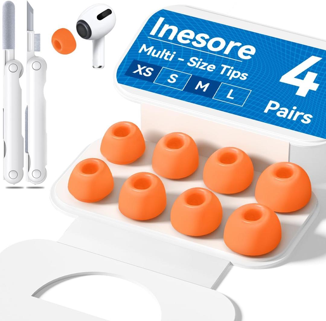 4 Pairs Replacement Ear Tips for AirPods Pro 2nd/1st Generation with Portable Storage Box & Cleaner Pen,Noise Reduction Holewith & Built-in dust Guard Screen,Silicone EarTips(Orange)