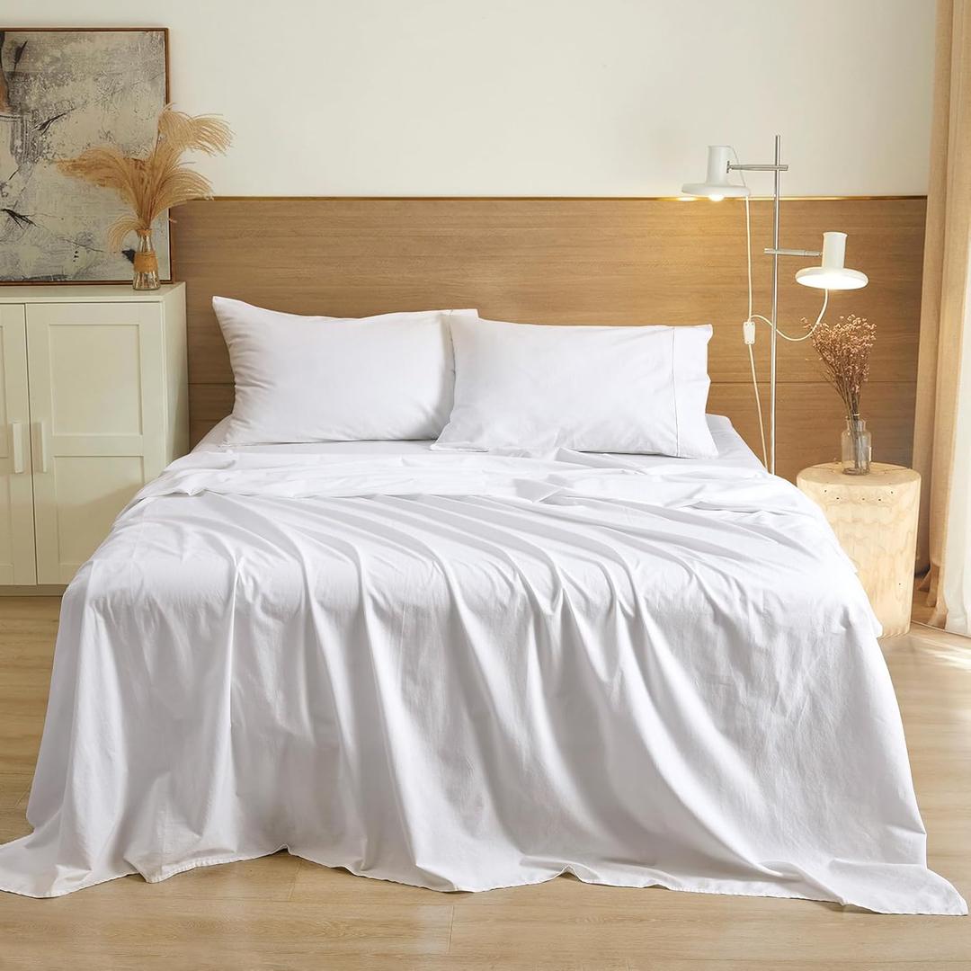 PHF 100% Garment Washed Cotton Sheets Set King Size, Ultra Soft Bedding Set, 4 PCS Breathable Moisture-Wicking Durable, Deep Pocket Bed Sheet Up to 16", White