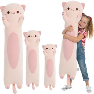 Long Cat Plush Toy  Ultra Soft Cat Plush Pillow Stuffed Animal for Kids & Adults, Kawaii Kitty Body Pillow, Cute Plushie Gift for Kids Girlfriend (Pink, Round Eyes, 90cm/35.43inch)