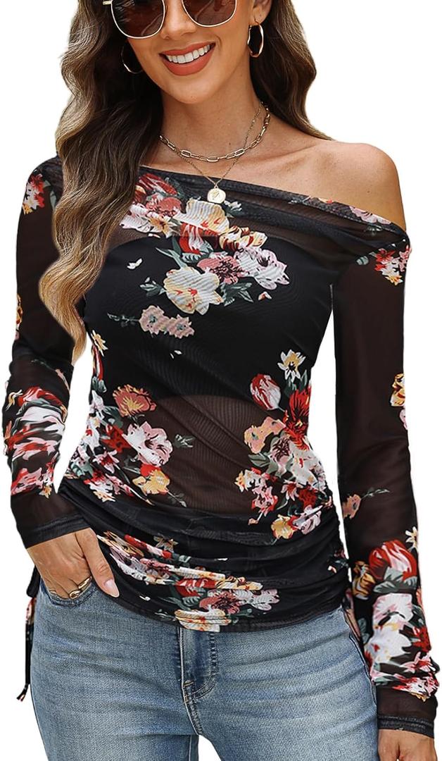 CiCiBird Womens 2025 Fall Off Shoulder Tops Long Sleeve Floral Mesh Shirts Trendy Going Out Outfits (Black, L)