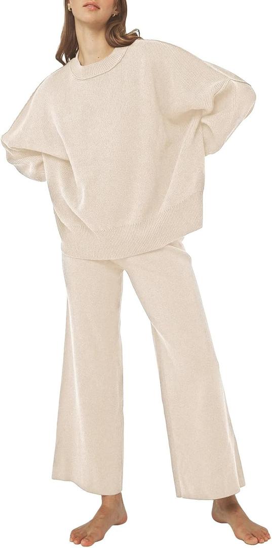 Pink Queen Women's 2 Piece Outfits Sweater Sets Knit Pullover Tops And Wide Leg Pants Loose Tracksuit Lounge Set (Beige) M