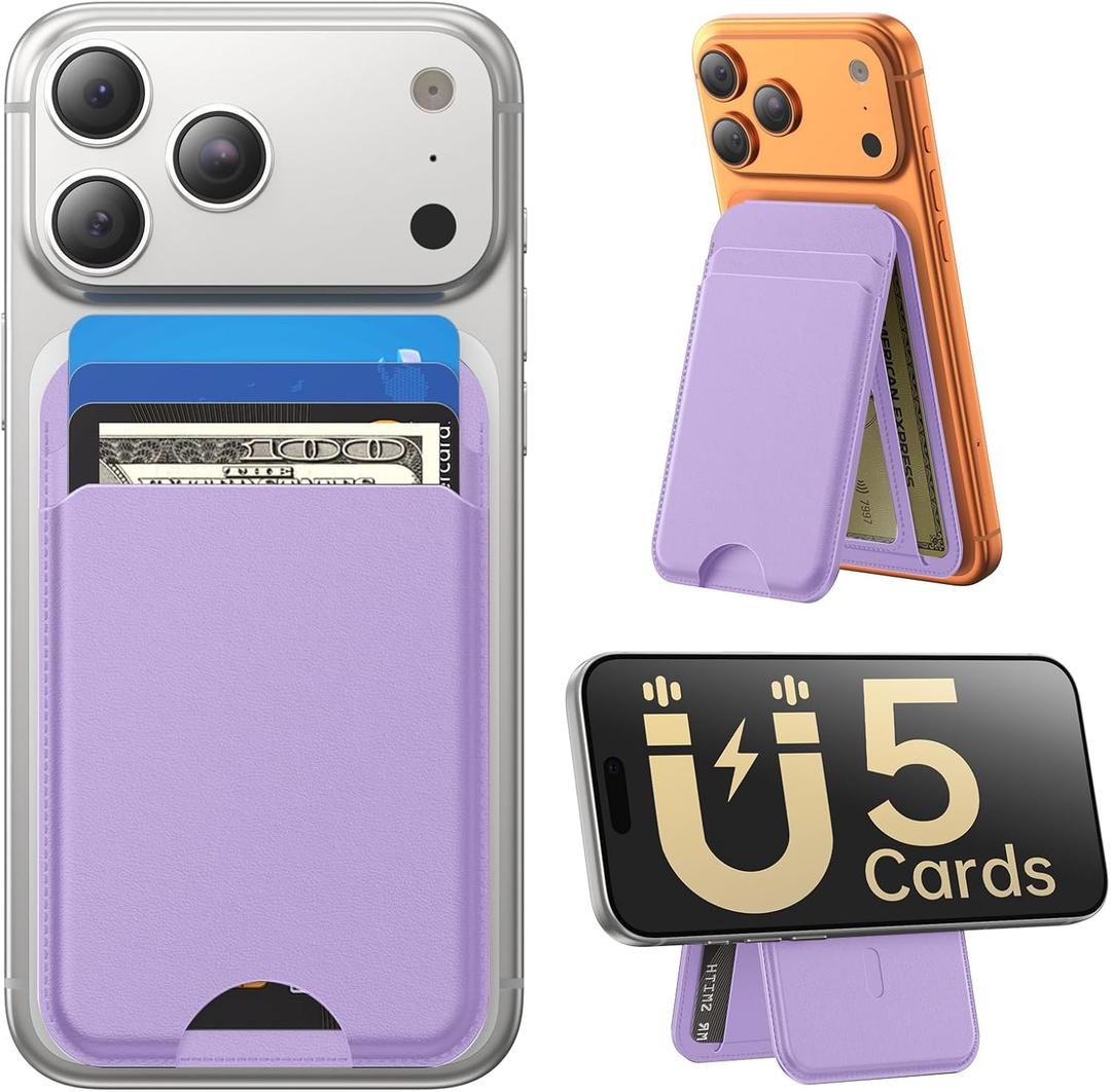for MagSafe Wallet with Stand, 5 Card Holder, Slim Leather Magnetic Wallet for iPhone 17/16/15/14/13/12 Pro Max Plus Air Series, 3 Card Slots & 1 Cash Slot,Purple