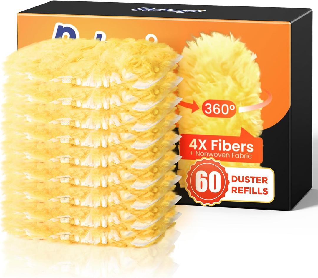 60 Count Heavy Duty Duster Refills for Swiffer, Multisurface 360 Duster Refills Only, Unscented Disposable Dusters for Cleaning with 4X Microfibers, Compatible with Swiffer Dusters (Orange) (Yellow)