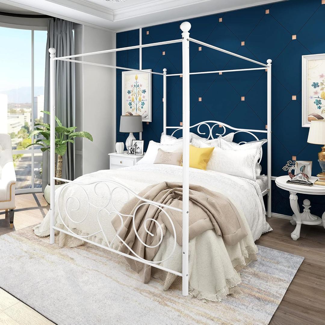 Canopy Full Bed Frame Platform Heavy Duty Steel Slat and Support with Headboard and Footboard No Box Spring Required White