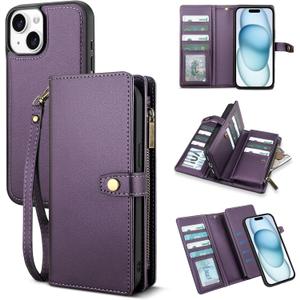 TwoHead Wallet Case Compatible with iPhone 15,Detachable Magnetic Phone Case,All-Round Protective Leather Phone Case with Card Holder,6.1 in,Deep Purple