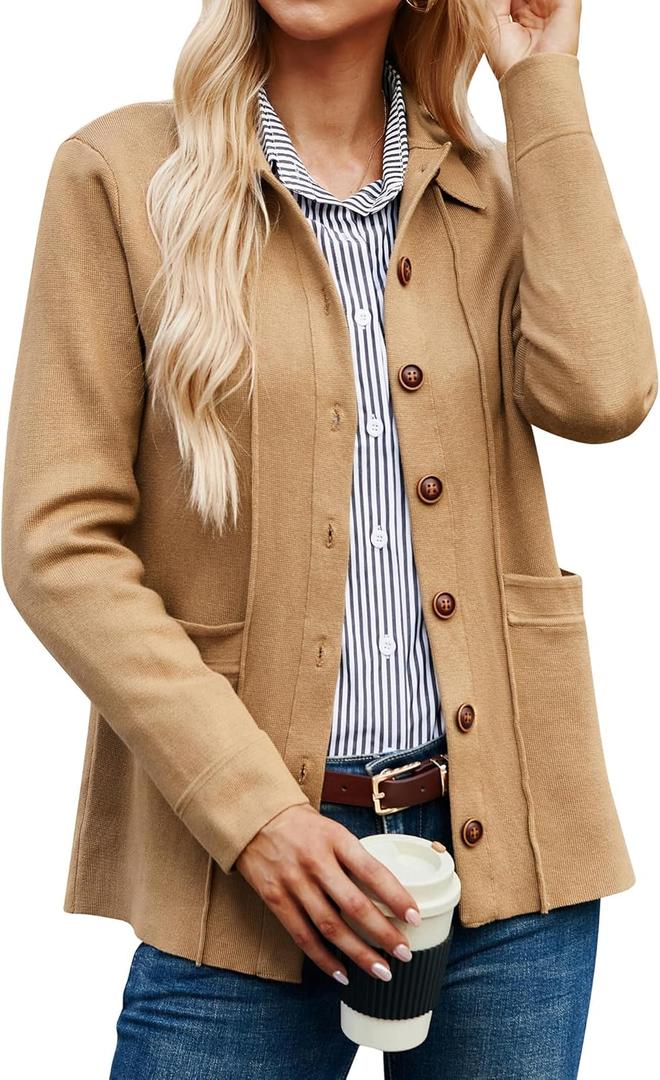 GRACE KARIN Women Casual Cardigan Knit Button Down Shirts Long Sleeve Shacket Jacket with Pockets (Large, Khaki)