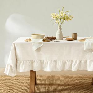 MONDAY MOOSE Ruffle Farmhouse Rustic Rectangle Natural Stonewashed Cotton Tablecloth for Kitchen, Dining Room, Restaurant (60x102 inch, White)