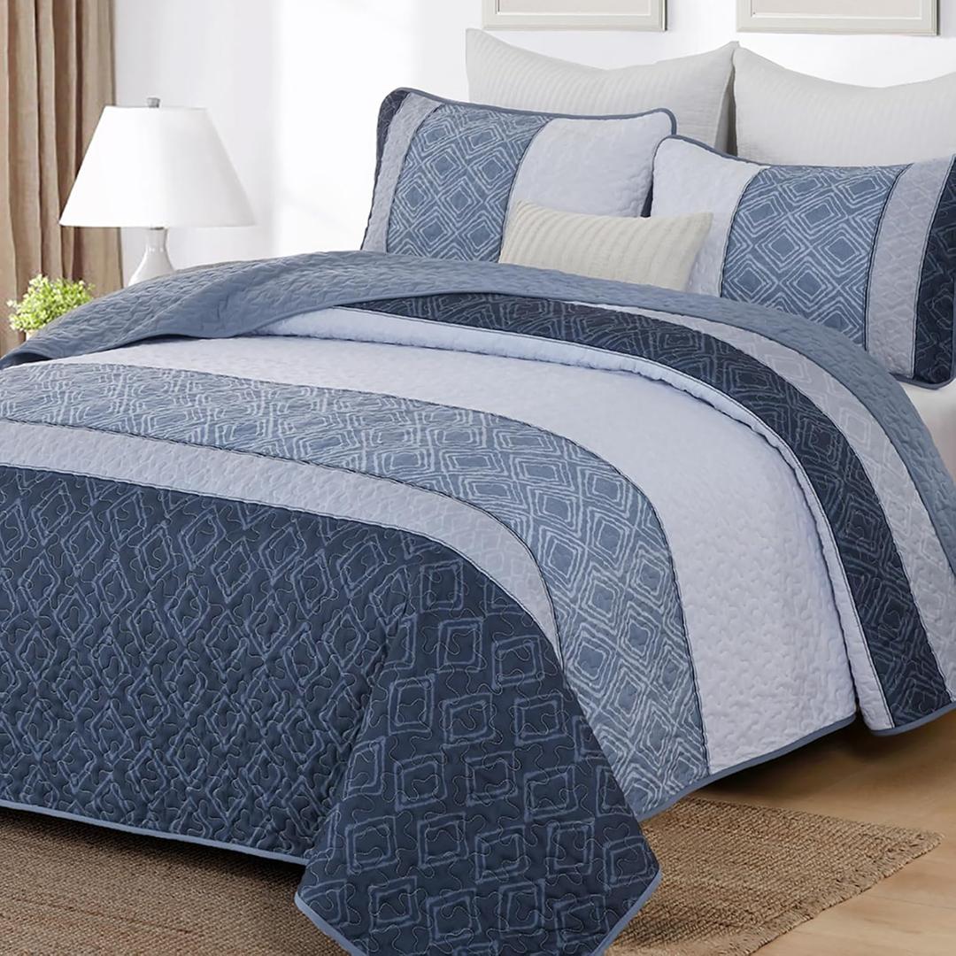 Quilt Set Queen Size 3 Pieces,Striped Plaid Bedspread Coverlet Set,Mineral Blue Boho Summer Bedding Set Soft Microfiber Bedding Set with 2 Pillow Shams 96"x90"