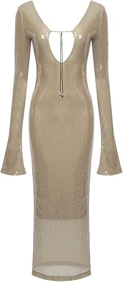 meilun Deep V Dress with Drawstring Long Sleeve Sequin Dress for Women Long Gown, M