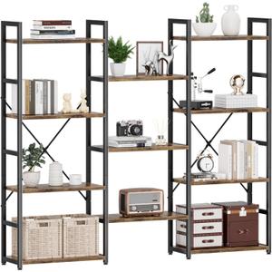 NUMENN Triple Wide 4 Tier Bookshelf, Adjustable Rustic Industrial Style Bookcases with 11 Open Display Shelves, Modern Tall Bookcase Furniture for Bedroom, Living Room and Home Office, Vintage