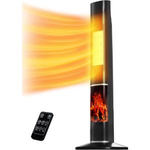 Space Heaters for Indoor Use, 32" Electric Heater With Flame for 400 Sq.ft Large Room, 1500W Portable Tower Ceramic Room Heater With 24 H Timer, Remote, 80Oscillation, 3 Modes for Bedroom