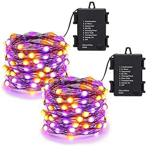 Lomotech Orange Purple Halloween Lights, 2 Pack 16.4ft 50 LED Battery Operated Halloween Fairy Lights with Timer Function, 8 Modes Waterproof Twinkle Lights for Halloween Decorations (Black Wire)