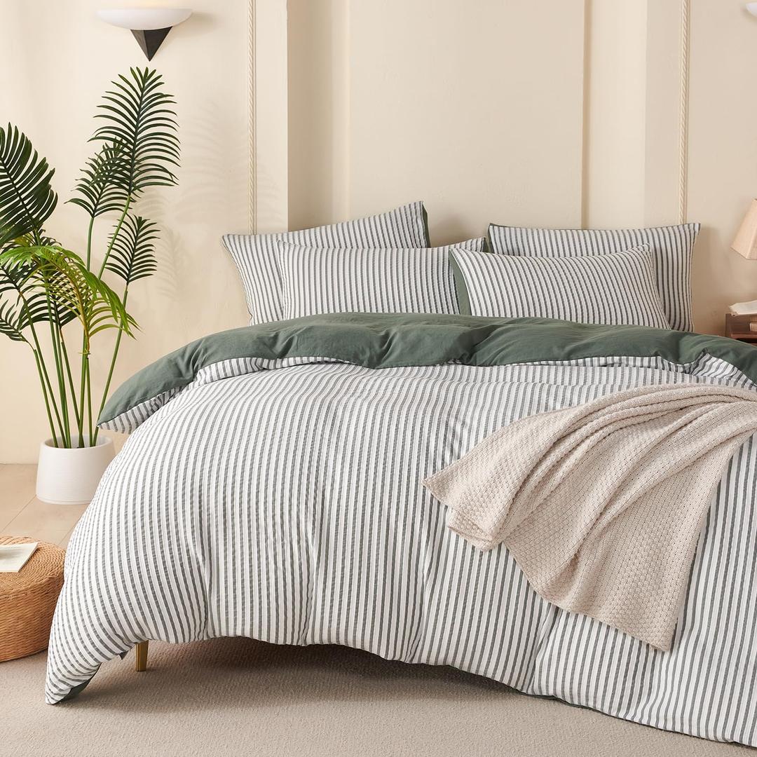 King Duvet Cover Set Striped Washed Microfiber Jacquard 3 Pieces Bedding Set, Green White Vertical Ticking Stripes Pattern Comforter Cover with Zipper Closure Breathable Durable Soft Comfy
