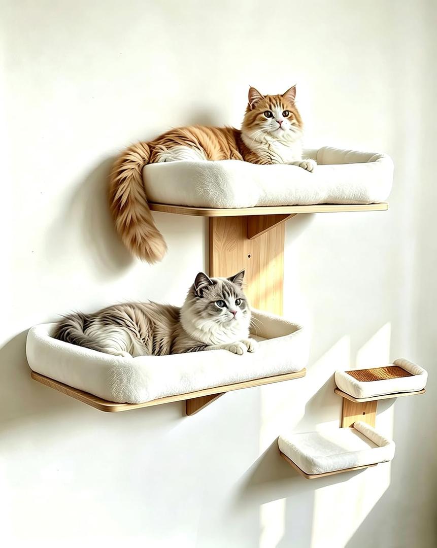 Cat Wall Shelves with Cat Bed 2 in 1 Furniture with Soft Cushion Perch & Pet Cooling Mat 2 Platform Climbing Wall Systems Tree Tower for Indoor Cats Rubber Wood Corner Floating Shelf