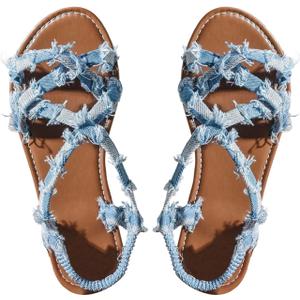 GORGLITTER Women's Leopard Strappy Flat Sandals Cheetah Ankle Strap Open Toe Summer Going Out Dressy Sandal 2026 (9.5, Blue Denim)