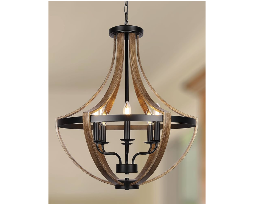 23.6" Large Farmhouse Chandeliers for Dining Room, 6-Light Adjustable Height Rustic Light fixtures for Kitchen Island Entryway Stairwell Breakfast Area, ‎Retro Wood Texture and Black Finish