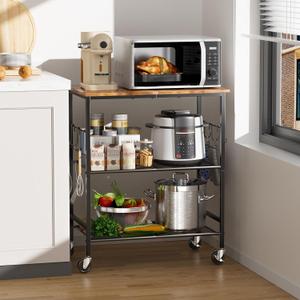 NTE Rolling Kitchen Microwave Cart, 3 Tier Microwave Stand with Storage, Small Kitchen Island on Wheels, Kitchen Storage Cart with 6 Hooks for Kitchen, Coffee Bar, Living Room, Balcony