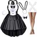 Classic Women Fancy Bunny Costume Girl Dress Tuxedo Style Black Dress Cosplay Costume Tail Ears Stockings Gloves Set, Large