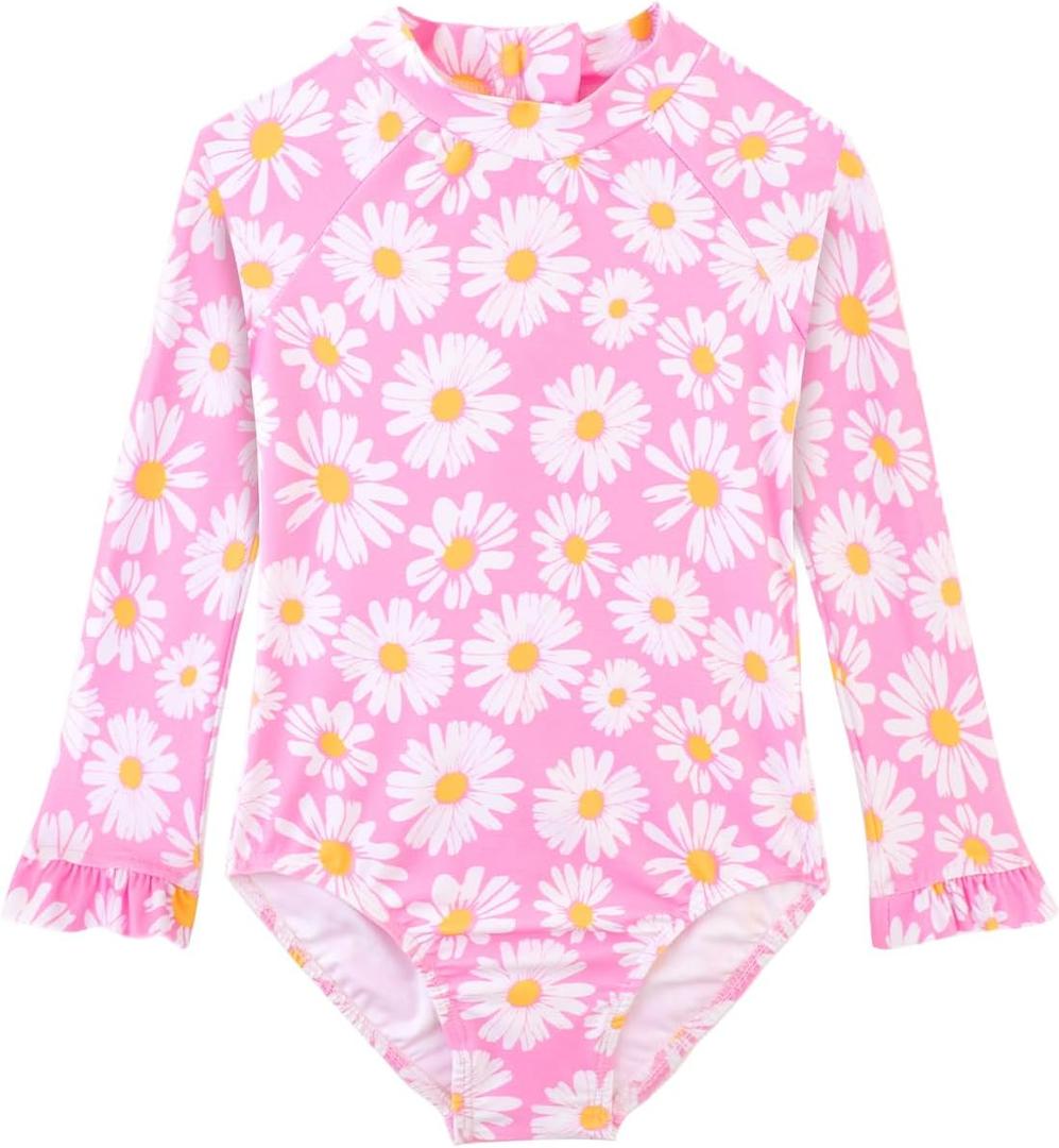 Alakuoti Long Sleeve One Piece Ruffle Swimsuit for Toddler Girls Baby Girl Rashguard Shirt with UPF 50+ Sun Protection (Pink, XS)