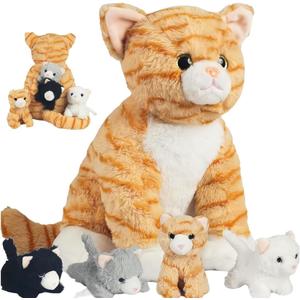 5 Pcs Cat Stuffed Animal with Babies Inside Belly, 1 Mommy Stuffed Cat Plush Toy with 4 Kittens Stuffed Animal Set for Kids Girls Boys Birthday Christmas Halloween Plush Gifts