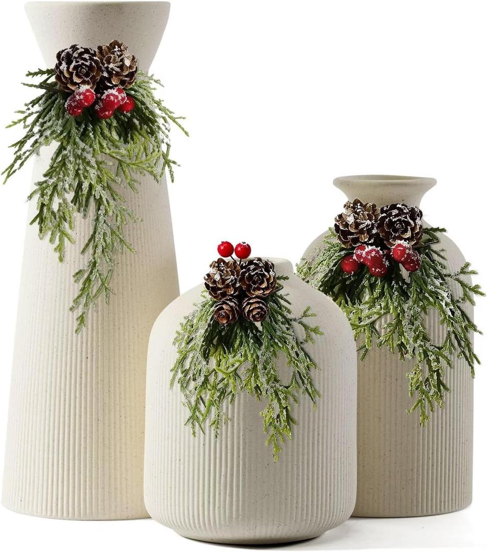 Ceramic Flower Vases Set of 3, Large Gift Vases with Vertical Stripe Texture, Modern Decorative Vases for Dried Flowers, Home Decor Vases for Living Room Bedroom Kitchen Shelf(Beige)