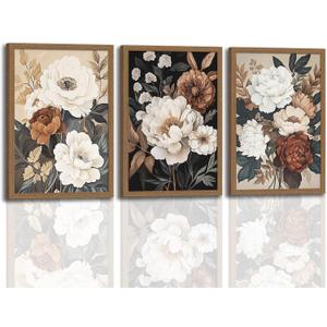 Moody Flower Framed Canvas Wall Art,Retro Beige Peony Wall Decor,Vintage Textured Blossom Botanical Artwork Art Print for Living Room,Bedroom,Office 16x24in Ready to Hang