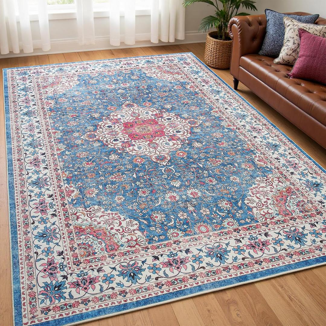 Goideal Washable Rug 4x6, Vintage Area Rugs Non Slip, Indoor Low Pile Carpet with Rubber Backing for Living Room Kitchen Bathroom Entryway Office Bedroom, Blue & Hot Pink