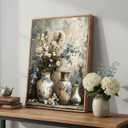 Framed Rustic Farmhouse Floral Canvas Wall Art Blue and White Vase Poster Prints Vintage Still Life Flower Picture Elegant Rural Countryside Painting Wall Decor for Living Room Office Bedroom 16x24in