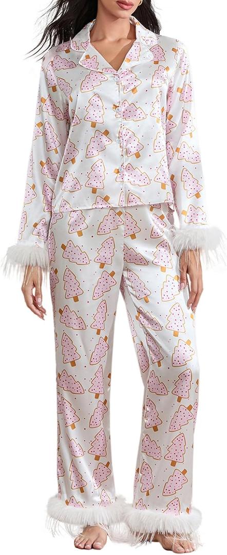 iTranyee Women Christmas 2 Piece Pajamas Set Feather Trim Long Sleeve Button Down Shirt Pants Outfits Silk Satin Lounge Set (Large, White)