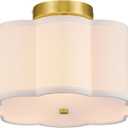VONLUCE Semi Flush Mount Ceiling Light, 12.6" Ceiling Light Fixture with Flower-Shaped Fabric Shade, 3-Light Modern Light Fixture for Bedroom Living Room Nursery Hallway, White Shade & Gold Finish