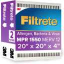 Filtrete 20x20x4 AC Furnace Air Filter, MPR 1550, MERV 12, Fits Honeywell, CERTIFIED Asthma & Allergy Friendly, Electrostatic Air Cleaning Filter, 2-Pack (actual size 19.88 x 19.88 x 4.31)