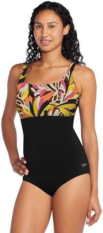 Speedo Women's Swimsuit One Piece Adjustable Square Neck Moderate Cut Coastal Leaves Pink 10