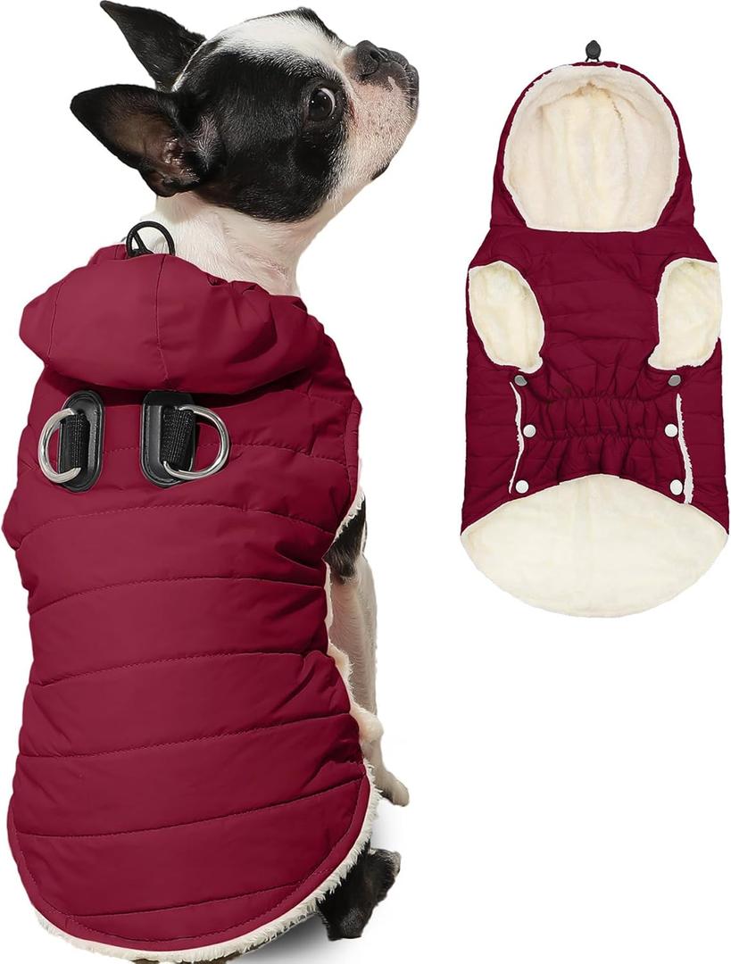 Vecomfy Fleece Lining Dog Hoodie with Harness Built in,Extra Warm  Dog Jacket in Winter Doggie Coats with Drawstring Hooded,Red L