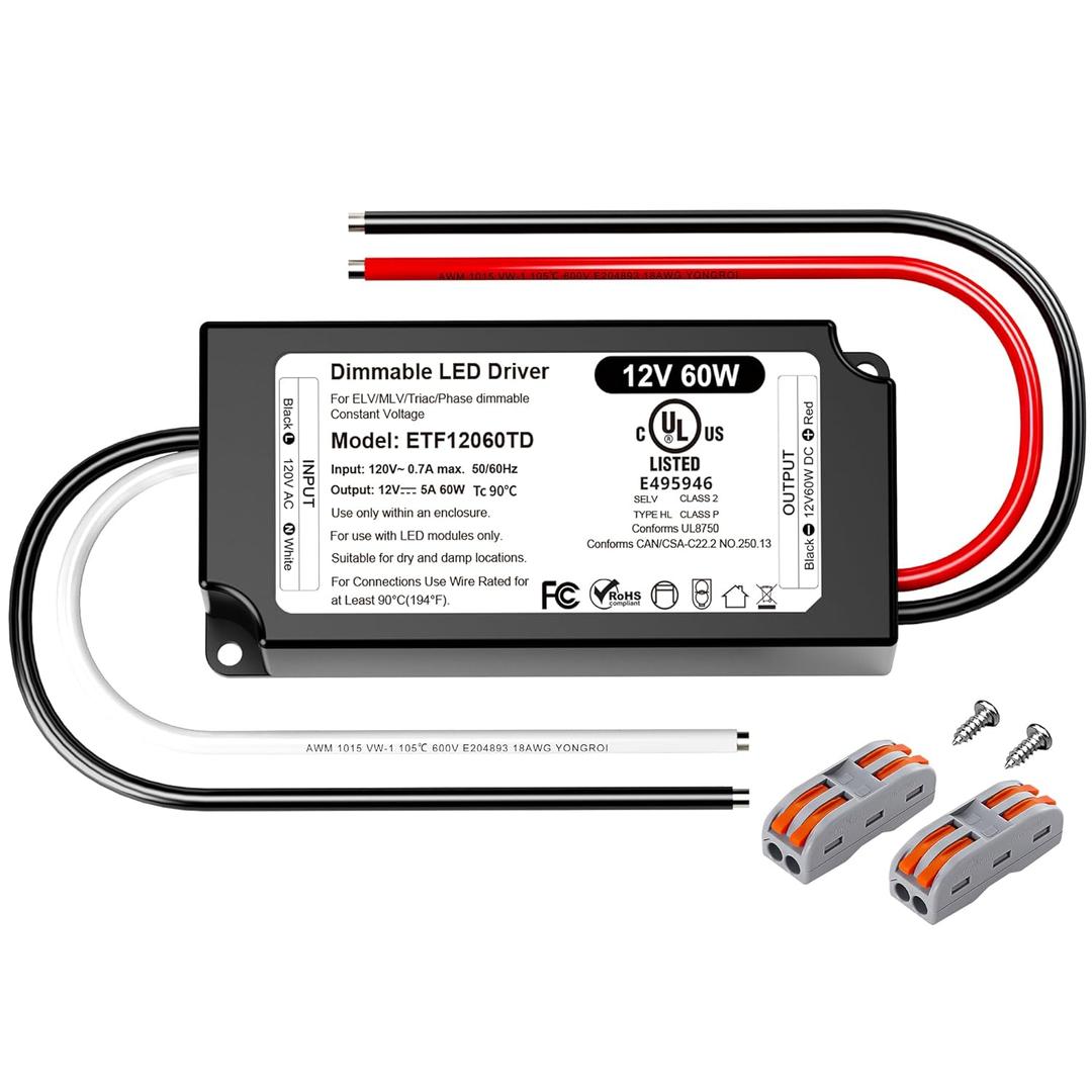 12V Dimmable LED Driver 60W UL Listed, 120V to DC 12V Triac ELV/MLV LED Transformer Compatible with Lutron & Leviton Switches 60 Watt LEDs Power Supply 12 Volt for Strip Cabinet Light