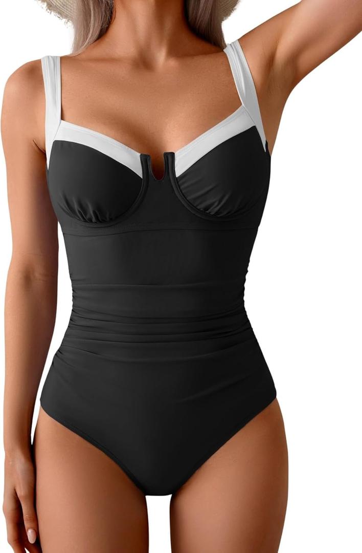 B2prity Women's Underwire One Piece Swimsuits Tummy Control Bathing Suits Push Up Swim Suit Color Block Swimwear (Medium, Black, White)