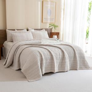CozyTide Oversized King Bedspread 120x120,100% Cotton Waffle Textured Lightweight Extra Large King Quilt Bedding Set,Ultra Soft Farmhouse Oatmeal California King Coverlet Set 3 Pieces