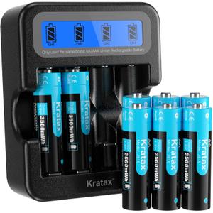 Kratax 1.5V Rechargeable AA Batteries 12 Count 3500mWh AA Rechargeable Lithium Batteries with 2.5h Voice Battery Charger, Long Lasting and Constant Voltage Output for Controllers, Toys, Microphones