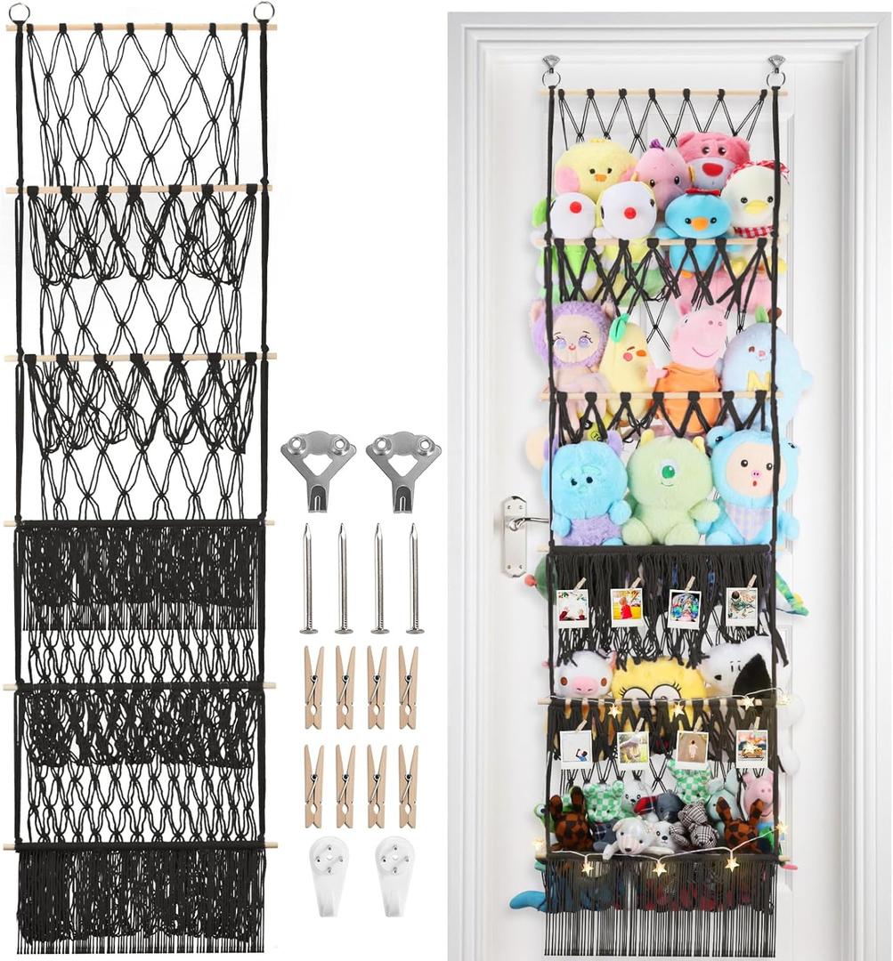 iHansee 5 Tier Stuffed Animal Storage Shelf Net, 17x61 Inch Large Plushie Net w/LED Light & Clips for Mini Medium Stuffy Teddy, Black Boho Macrame Wall Toy Holder Display for Nursery Kids Girls Boys