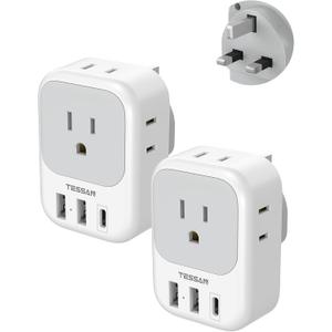 UK Adapters for Travel 2 Pack, TESSAN Type G US to UK Plug Adapter with 4 Outlets 3 USB Charger(1 USB C Port), Power Adaptor for USA to Ireland Scotland Dubai Hong Kong England British Kenya London