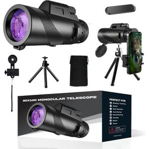 80x100 Monocular Telescope High Power  HD Monocular with Smartphone Adapter, Tripod & Bonus Magnetic Car Phone Holder for Bird Watching, Stargazing, Hunting, Camping, and Travel (Black)