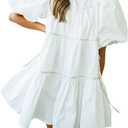 Women's Chic Puff Sleeve Oversized Mini Shirt Dress with Pockets (White), Small 