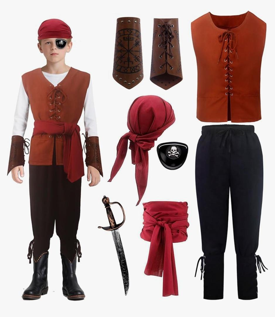 Kids Pirate Costume Boys Renaissance Set for Halloween Renaissance Festival Cosplay 4-12years. Large